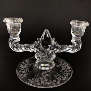 Vintage New Martinsville Flower Basket Clear Glass Candelabra Double Candlestick